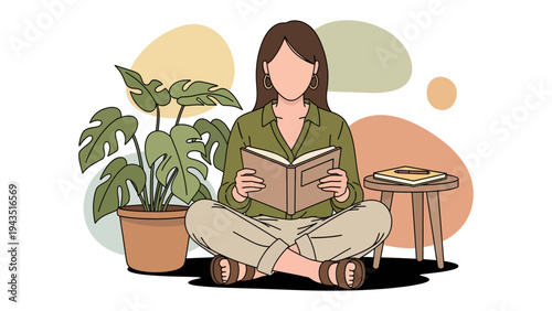 Reading Serenity: A woman finds peace in a moment of quiet contemplation. Surrounded by elements of nature, she is deeply immersed in her book, escaping reality for a while.