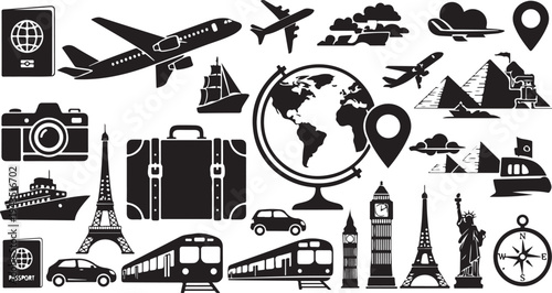Travel and adventure icons for global exploration and tourism
