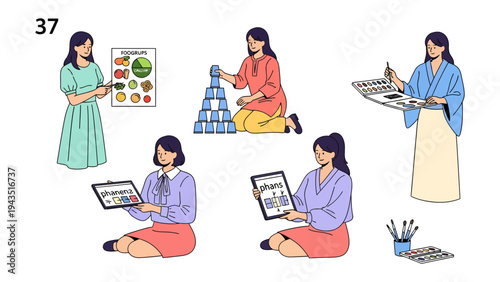 Diverse Woman at Work: A collection of various image of a woman engaged in several tasks, from presenting a nutritional chart to building with blocks.