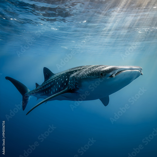 Whale shark swims in deep blue ocean water with sun rays underwater marine life