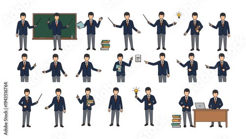 Teacher at Work: A collection of illustrations showcasing a teacher in various poses, from instructing with a pointer to presenting with a lightbulb, embodying the essence of education.