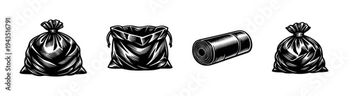 Black and white illustration of trash bags and rolled garbage bag in vector style