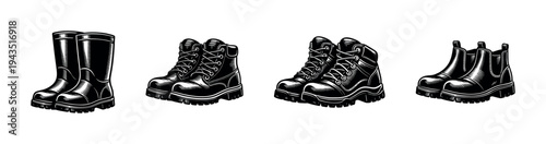 Vector illustration of different black and white boots and shoes set