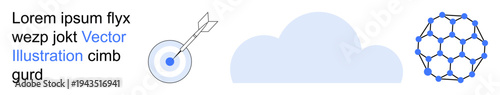 Technology, digital frameworks, cloud storage, analytics, goal setting, network systems. A cloud symbol, target with an arrow and network model. Technology and digital frameworks concept