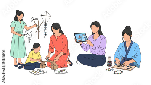 Artistic Pursuit: Capturing the beauty of craftsmanship, a group of women gather to nurture their creative spirits, immersed in the pursuit of crafting a masterpiece.