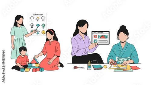 Illustration of Learning Activities: A vibrant illustration depicts a series of engaging learning activities, including vocabulary instruction, building with blocks, tablet-based learning, and crafts.