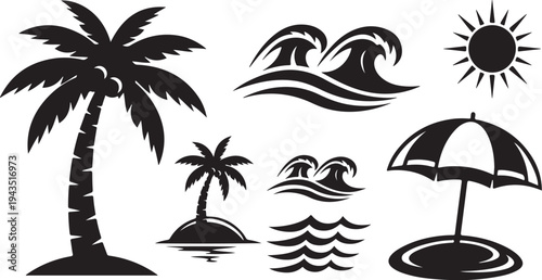 Black and white beach icons with palm trees waves