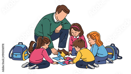 Teamwork Learning: A group of young students and a teacher collaborate to solve a colorful puzzle, creating a moment of learning and connection. 