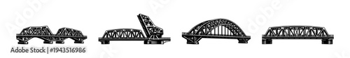Black and white vector illustration of various bridge silhouettes in different designs