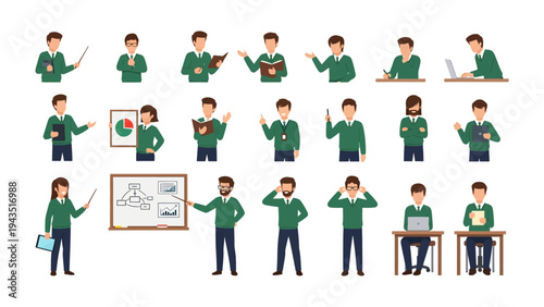 Business illustration set: Illustrative depiction of business professionals in a multitude of actions, showcasing various work scenarios and activities.