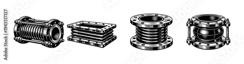 Industrial pipe connector set illustration featuring vector style mechanical elements