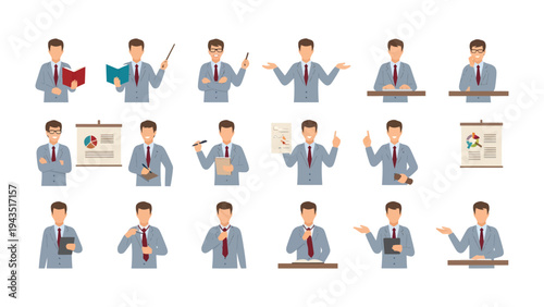 Business Presentation Illustration: A series of illustrations capturing a professional in various poses, including gestures and props.