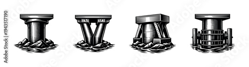 Black and white vector illustration of industrial pillars with ocean waves