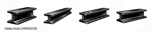 Set of black and white vector illustrations of steel beams and metal girders