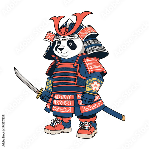 Cute cartoon panda character in detailed samurai armor, confidently wielding a katana. A charming illustration blending ancient Japanese martial arts culture with a beloved animal hero