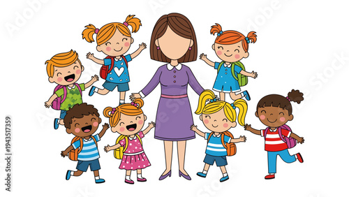 Nurturing Future Generation: A caring teacher surrounded by a circle of joyous, enthusiastic students, ready to embrace the journey of learning and discovery.