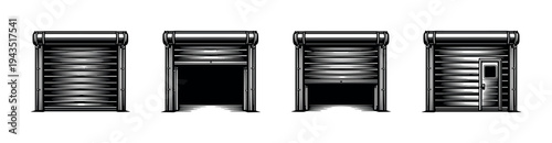 Industrial roller shutter door set black and white vector illustration