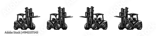 Black and white forklift illustration set, heavy machinery vector silhouette