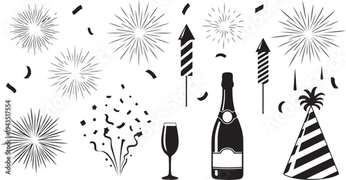 New Year's Eve Celebration with Fireworks and Champagne Bottle