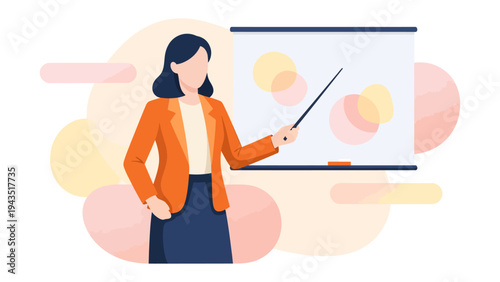 Leading and Teaching with Clarity: A woman, radiating confidence and expertise, stands before a presentation board, meticulously guiding and elucidating concepts, while inspiring knowledge.