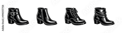 Set of black and white vector illustrations of stylish women's boots silhouettes