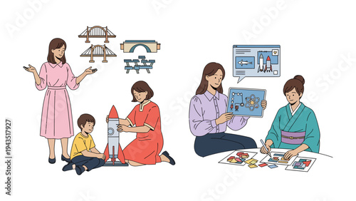 Creative Minds at Play: A heartwarming depiction of individuals engaged in collaborative creation, building a rocket and studying designs, evoking a sense of joy and intellectual curiosity.
