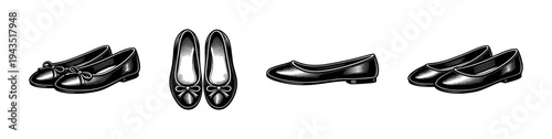 Elegant women's flat shoes illustration set black and white vector clipart