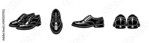 Vector black and white illustrations of classic leather dress shoes in various angles