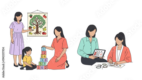 Early Learning Moments: Illustration of mothers guiding and interacting with their children through various educational activities, fostering growth and learning.