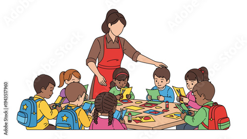 Learning Circle: A nurturing educator guiding a circle of attentive children, engrossed in their educational pursuits and embracing a moment of discovery and learning. 