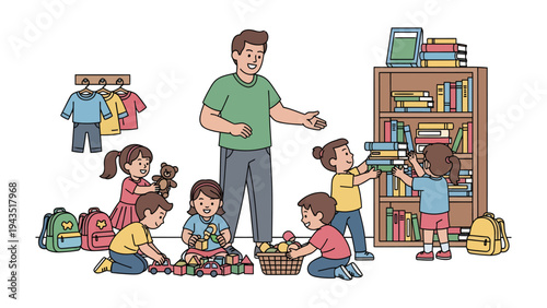 Nurturing Minds in the Classroom: An educator guides a group of enthusiastic young students as they engage in a diverse array of activities.