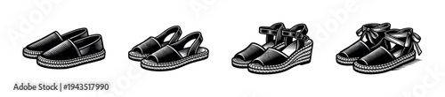 Illustration of espadrille shoe designs in black and white silhouette style