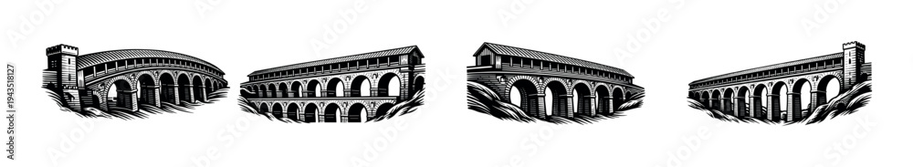 Obraz premium Vector silhouette of roman aqueducts illustration in black and white set