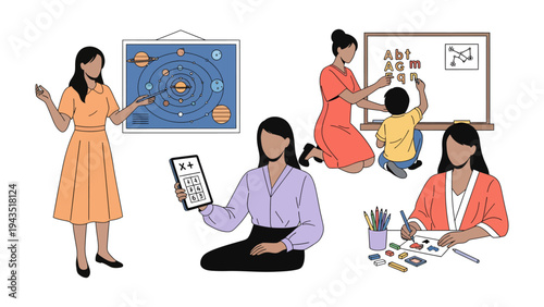 Education in the Making: A collection of educational moments capturing various learning activities. teachers engaging young minds. Teaching children letters, numbers and exploring the solar system.