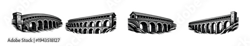 Vector silhouette of roman aqueducts illustration in black and white set