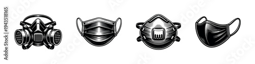 Set of vector illustrations of various protective face masks in black and white silhouette