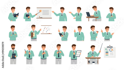 Business Presentation Actions: A comprehensive collection of illustrations of a businessman engaged in a variety of presentation actions. Designed to capture key moments in professional settings.