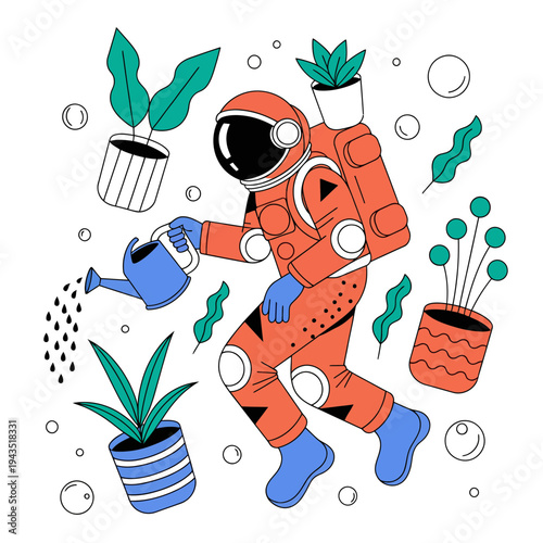 Whimsical vector illustration depicting a dedicated astronaut nurturing a vibrant collection of potted plants in a futuristic zero-gravity garden, bringing life to the imaginative cosmos