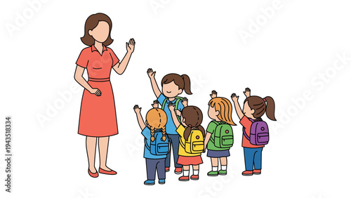 Kindergarten Exploration: A cheerful educator guides a group of young children on an exciting exploration, fostering their curiosity and wonder as they embark on a journey of discovery.