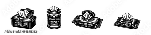 Black and white vector illustration of disinfecting and sanitizing wipes containers