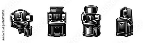 Vintage black and white bathroom sink illustrations with toiletry accessories