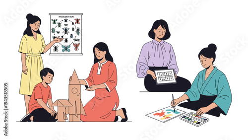 Creative Learning and Growth: A composite image showcases various instances of nurturing and stimulating activities, from hands-on building to artistic expression.