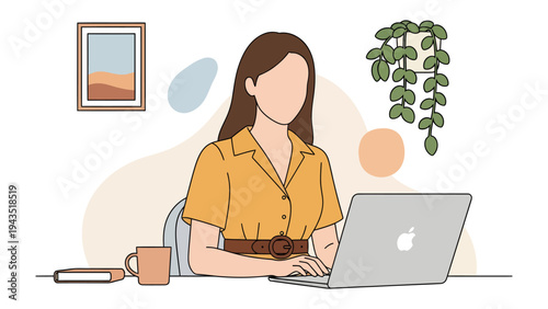 Focused Work: A woman, deeply engaged at her desk, typing on her laptop amidst the serene ambiance of her home office.