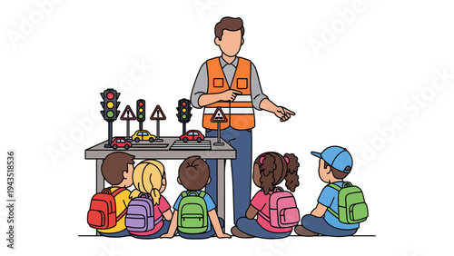 Safety First: Children and instructor engaged in safety lesson, introducing children to road signs and traffic lights