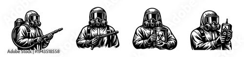 Vintage style gas mask hazmat suit illustrations in black and white vector art