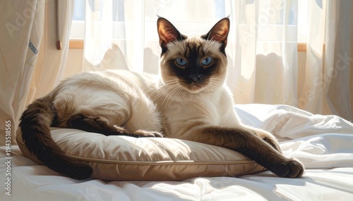 A Siamese cat with piercing blue eyes lounges on a plush pillow, bathed in the soft glow of natural light