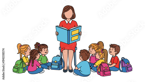 Classroom Storytime: A teacher captivating her students with a story, surrounded by a circle of attentive children, their backpacks scattered around, creating a cozy and engaging classroom setting. 