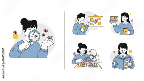 Scientific Inquiry: A Collection of illustrations depicting scientists engaged in diverse tasks such as examining, studying, and reading