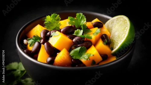 Vibrant Mango Black Bean Salad with Fresh Lime and Cilantro in a Dark Bowl.