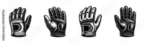Vintage style motorcycle gloves illustration, black and white engraved vector set